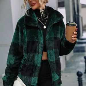 Plaid Zip Up Collared Plush Women's Jacket